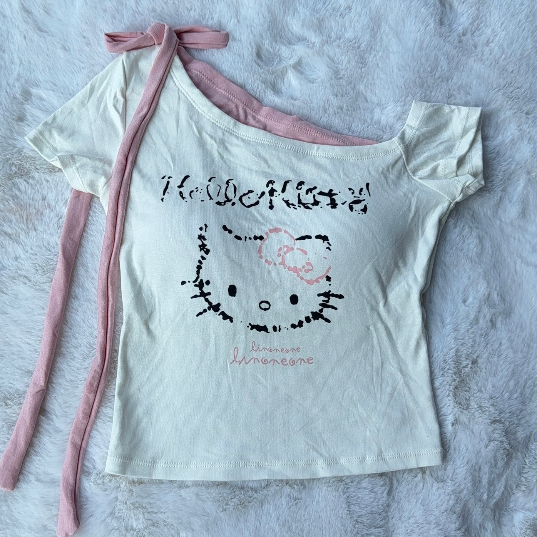IVory Kitty Top with Pink Bow