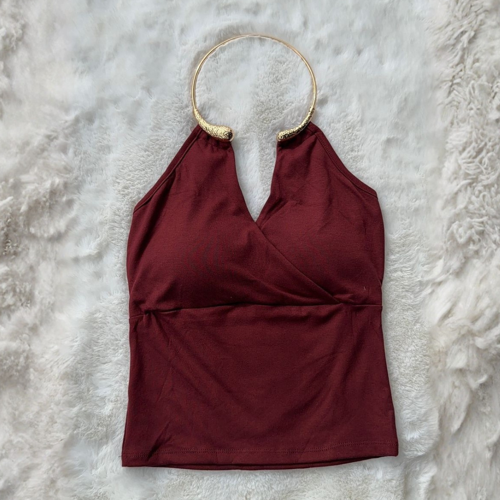 Gold Halo Halter Top - Wine Red