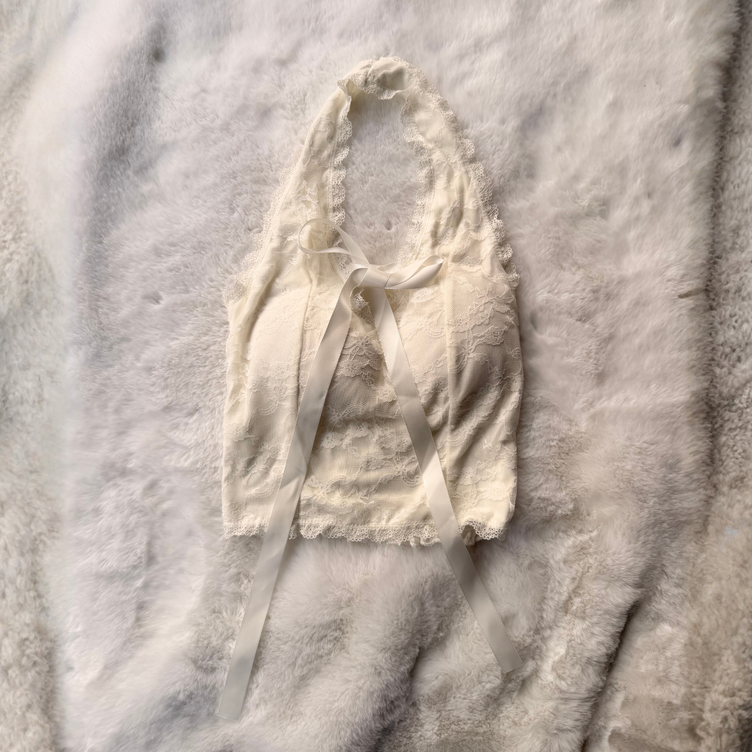Ivory Floral Lace Halter Neck Crop Top