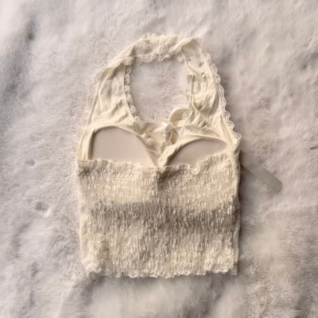 Ivory Floral Lace Halter Neck Crop Top