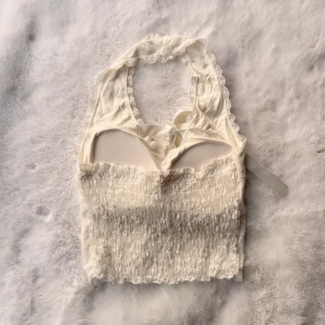 Ivory Floral Lace Halter Neck Crop Top