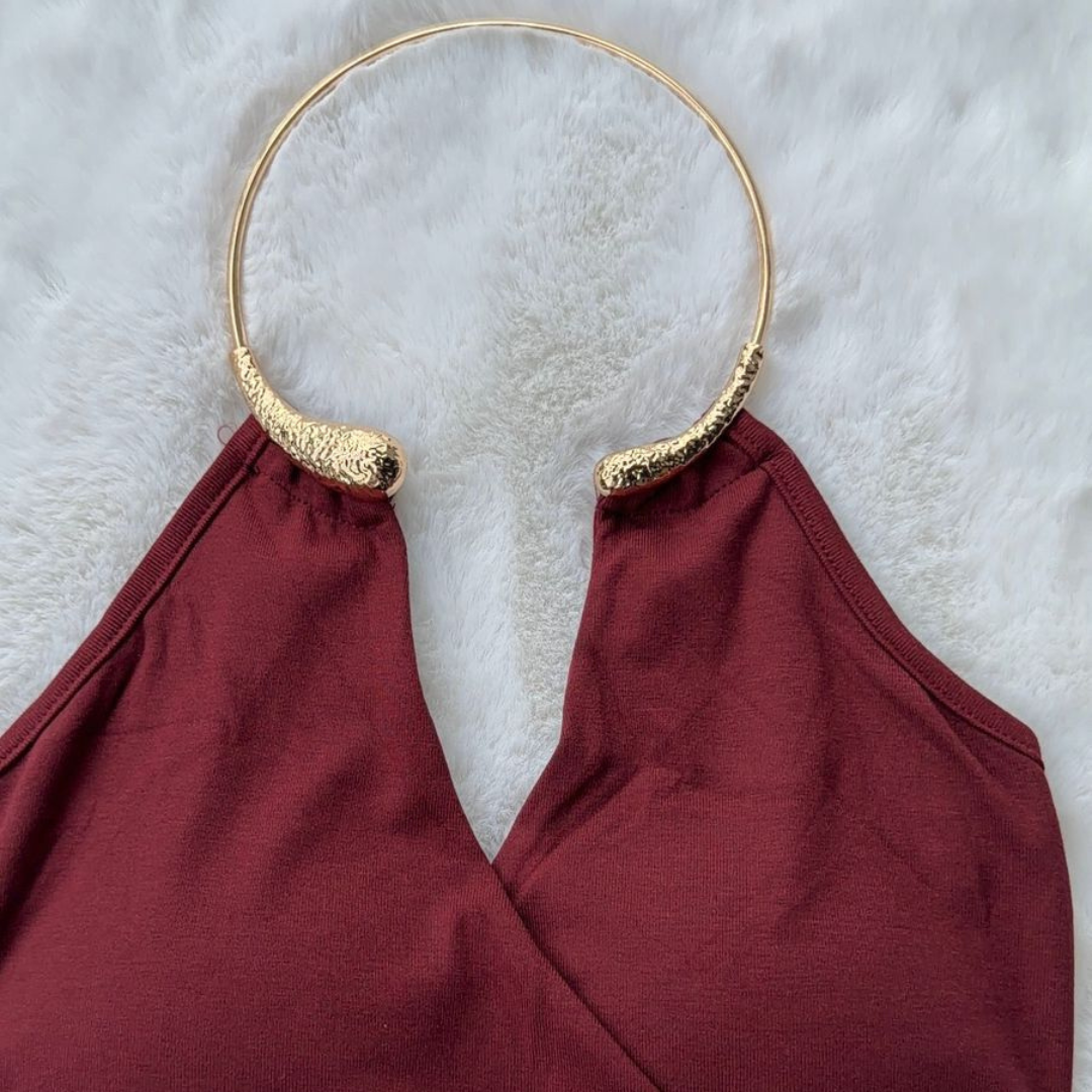 Gold Halo Halter Top - Wine Red