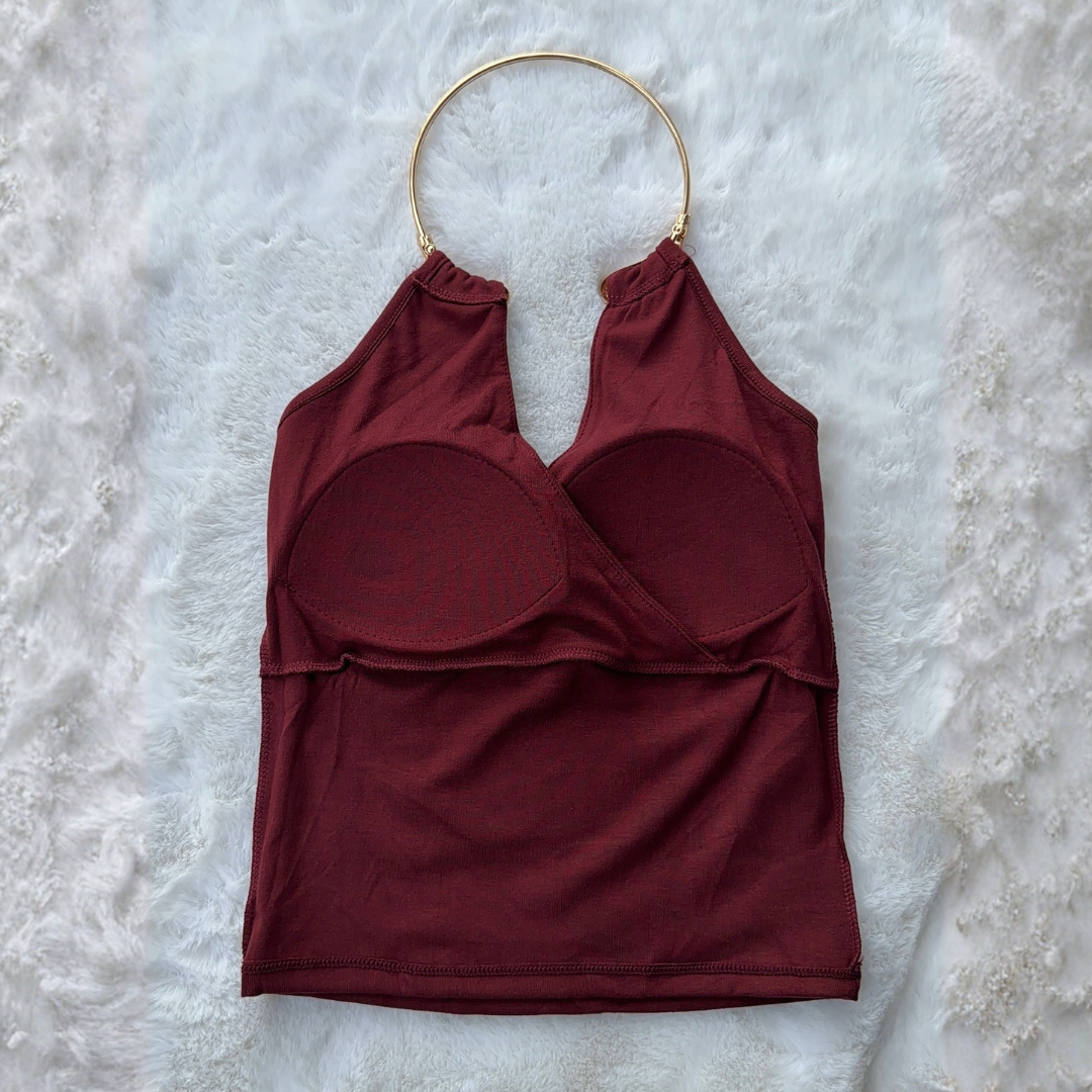 Gold Halo Halter Top - Wine Red