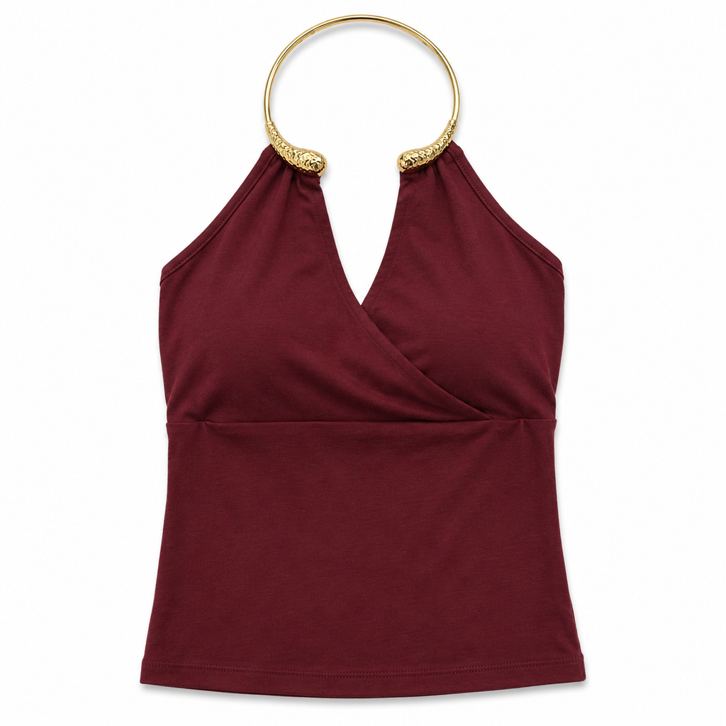 Gold Halo Halter Top - Wine Red